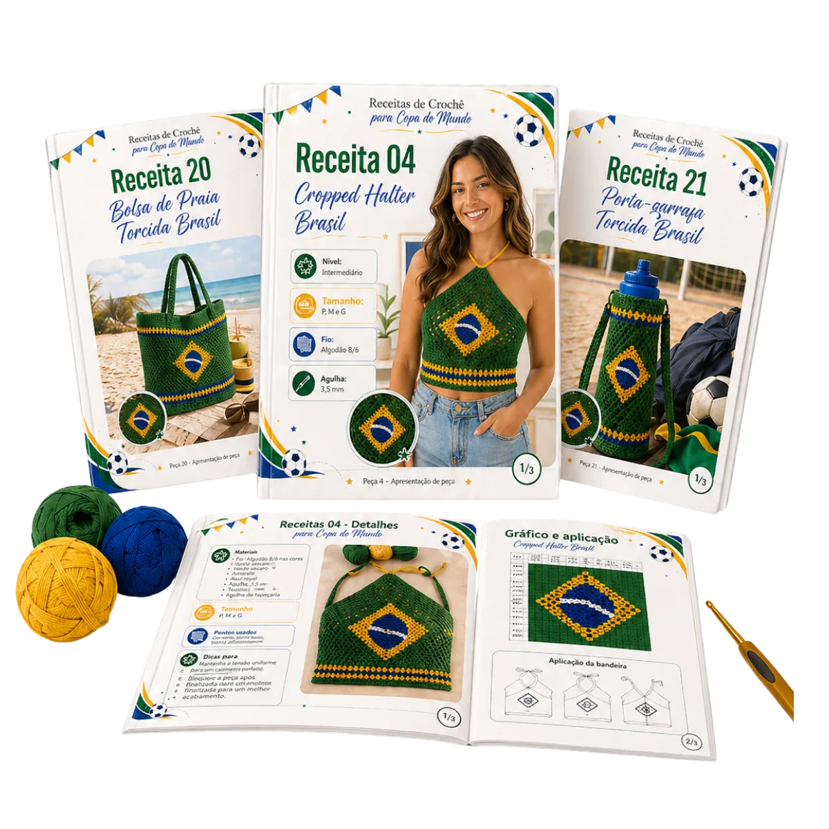 Mockup do livro Receitas de Crochê para Copa do Mundo 2026